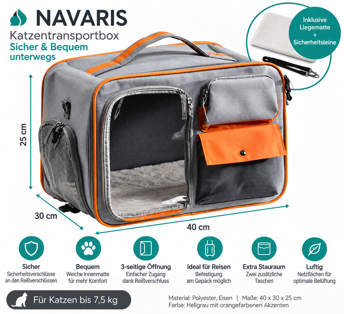 Navaris Transportbox Katze - Katzenbox - Sicher & Bequem - Katzentransportbox mit Fenster - 3-Seitige Öffnung - Schultergurt und