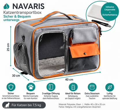 Navaris Transportbox Katze - Katzenbox - Sicher & Bequem - Katzentransportbox mit Fenster - 3-Seitige Öffnung - Schultergurt und