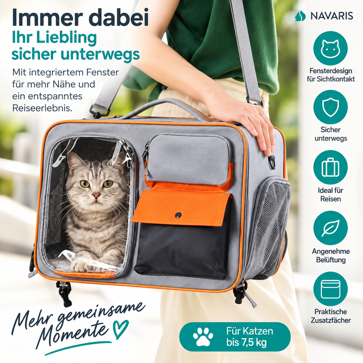 Navaris Transportbox Katze - Katzenbox - Sicher & Bequem - Katzentransportbox mit Fenster - 3-Seitige Öffnung - Schultergurt und