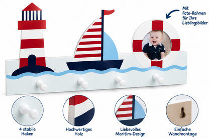Navaris Kindergarderobe Segelboot 4 Haken Kinder Wandgarderobe MDF mit Fotofach