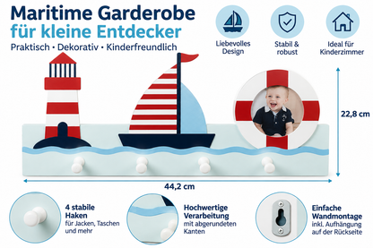 Navaris Kindergarderobe Segelboot 4 Haken Kinder Wandgarderobe MDF mit Fotofach