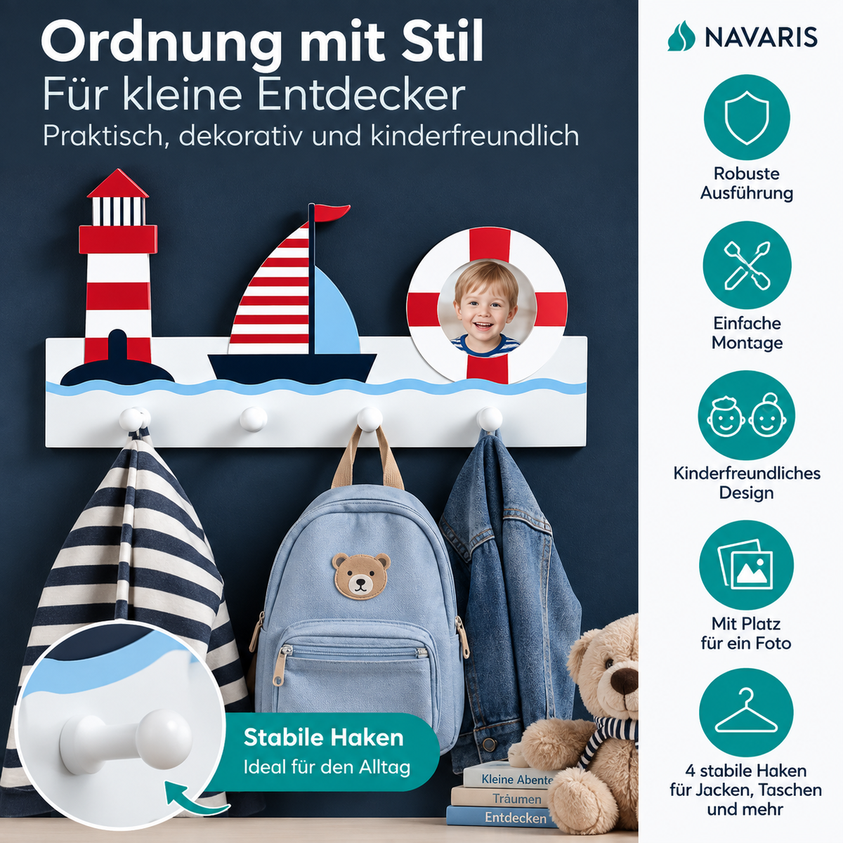 Navaris Kindergarderobe Segelboot 4 Haken Kinder Wandgarderobe MDF mit Fotofach