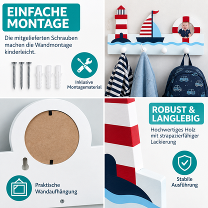 Navaris Kindergarderobe Segelboot 4 Haken Kinder Wandgarderobe MDF mit Fotofach