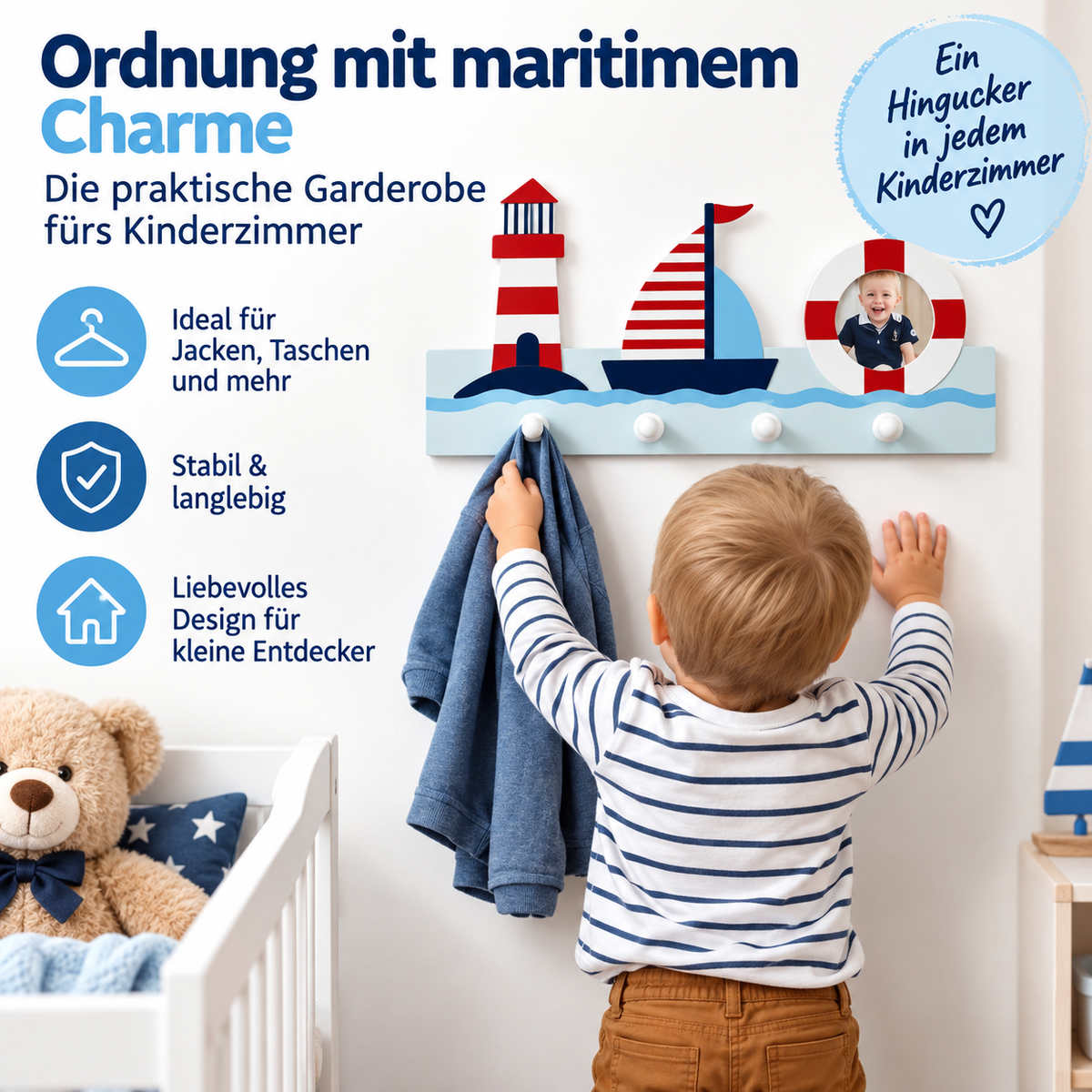Navaris Kindergarderobe Segelboot 4 Haken Kinder Wandgarderobe MDF mit Fotofach