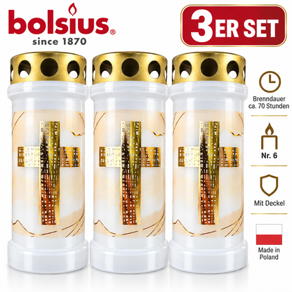 Bolsius Grablicht Nr. 6 Kreuz 3er Set Grabkerzen 70h Weiß mit Deckel