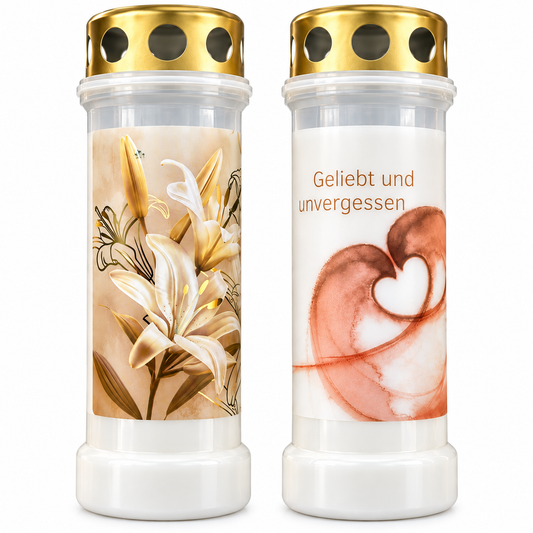 2er Set Bolsius Grabkerzen Grablicht Lilie Geliebt & Unvergessen Golddeckel