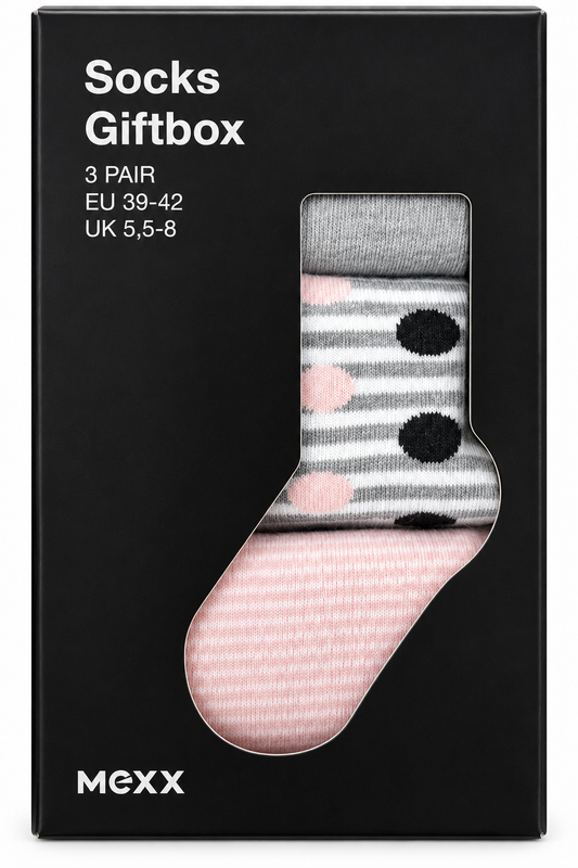 MEXX Damen Socken 3 Paar Gr. 39-42 Grau Rosa Punkte Streifen
