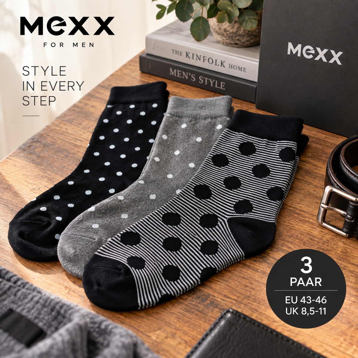 MEXX Herren Socken 3 Paar Gr. 43-46 Schwarz Grau Punkte Streifen