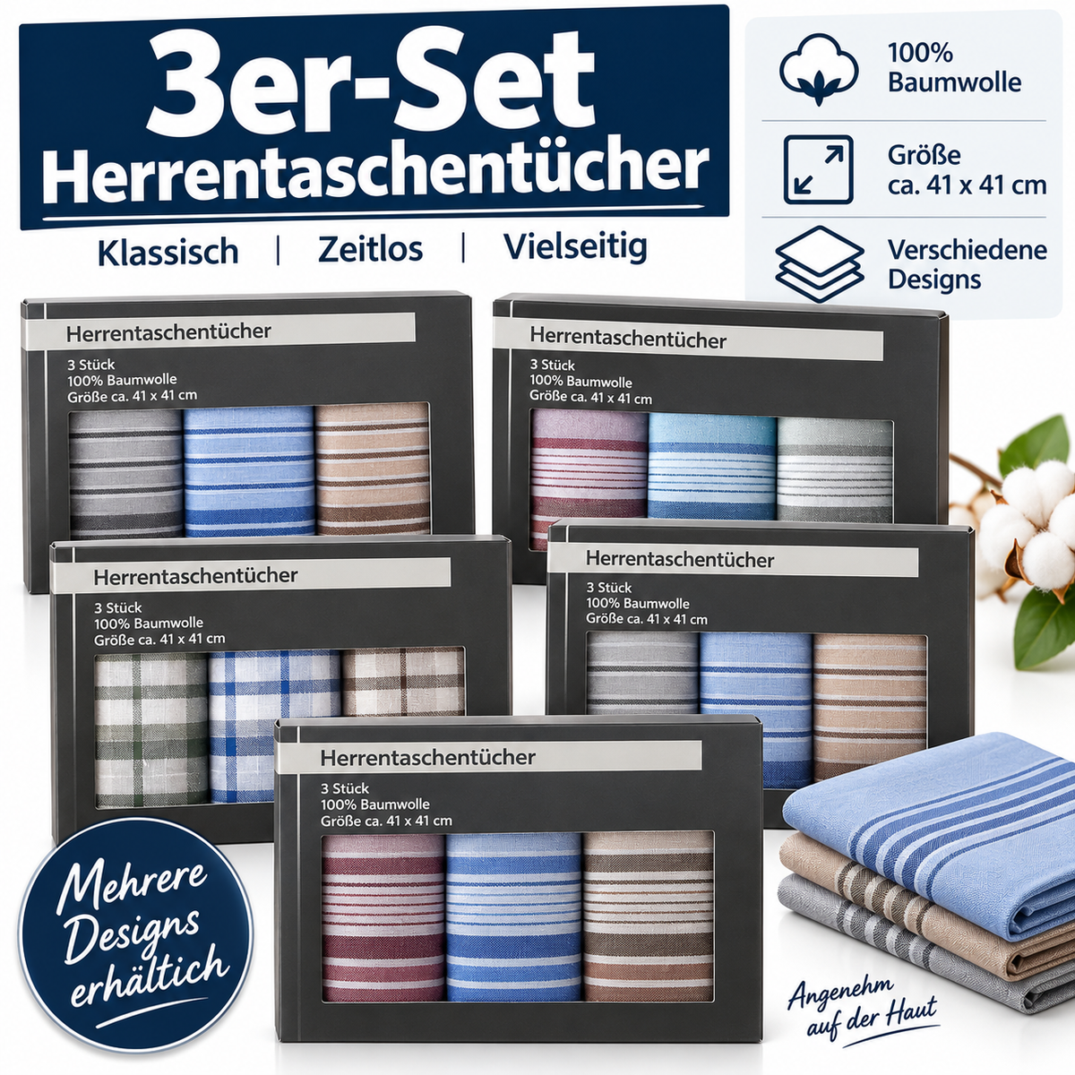 Herrentaschentücher 3er Set 100% Baumwolle 41x41 cm Stofftaschentücher Herren