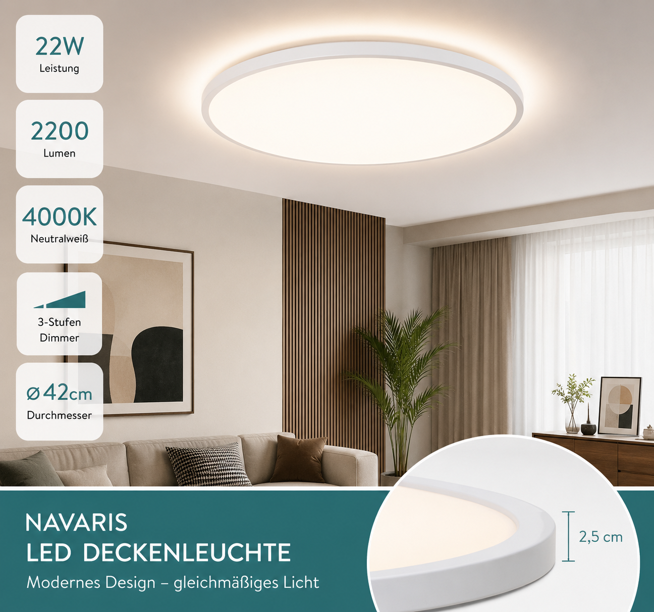 LED Deckenleuchte Hintergrundbeleuchtung 22W 4000K LED Deckenlampe dimmbar