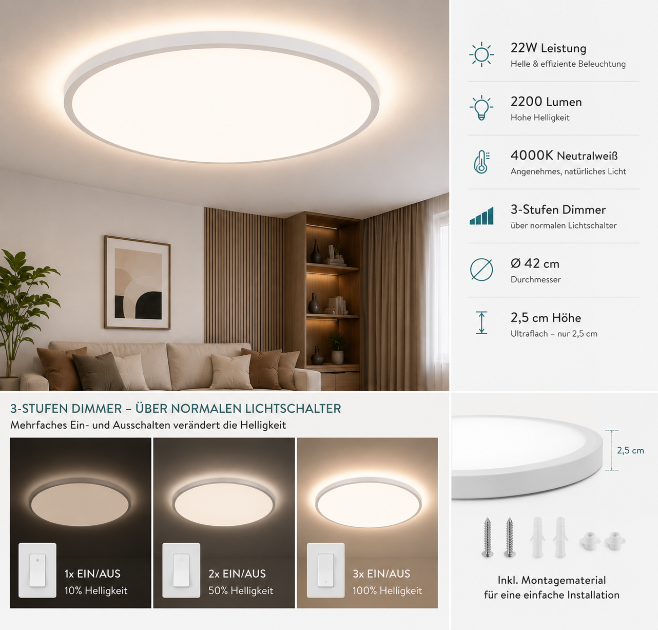 LED Deckenleuchte Hintergrundbeleuchtung 22W 4000K LED Deckenlampe dimmbar