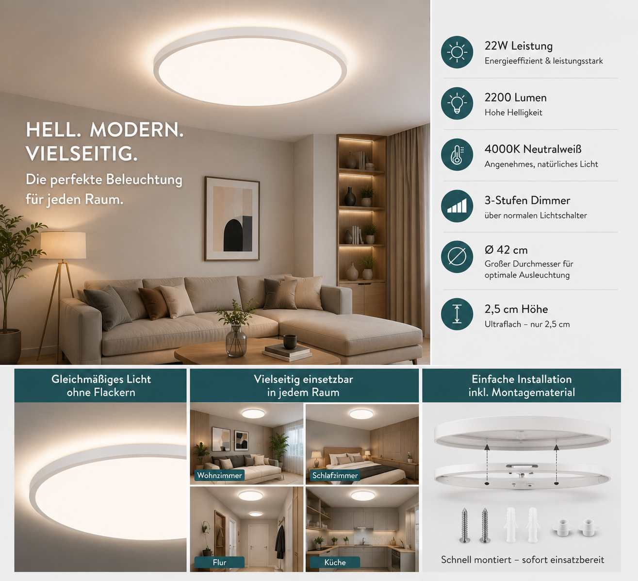 LED Deckenleuchte Hintergrundbeleuchtung 22W 4000K LED Deckenlampe dimmbar