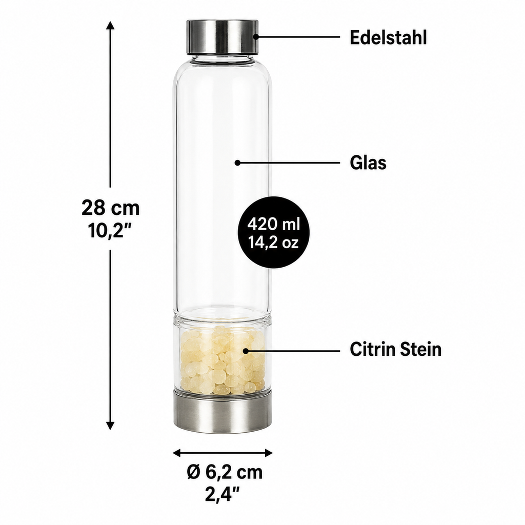 Navaris Wasserflasche mit Mineralstein und Neoprenhülle 420ml - Edelsteine Trinkflasche mit Hülle - Kristall Flasche Glasflasche Wasser Citrin