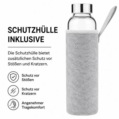 Navaris Wasserflasche mit Mineralstein und Neoprenhülle 420ml - Edelsteine Trinkflasche mit Hülle - Kristall Flasche Glasflasche Wasser Citrin