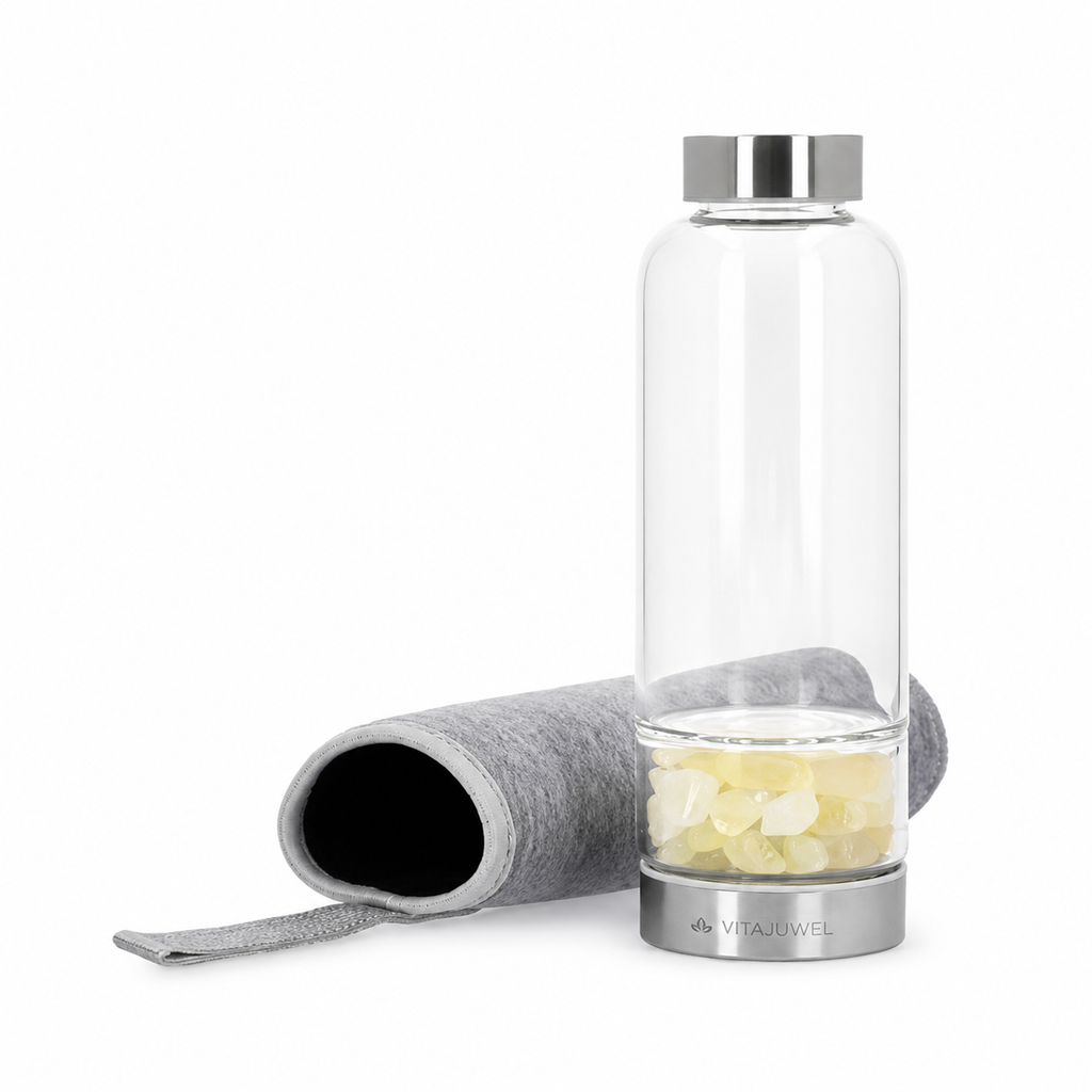 Navaris Wasserflasche mit Mineralstein und Neoprenhülle 420ml - Edelsteine Trinkflasche mit Hülle - Kristall Flasche Glasflasche Wasser Citrin