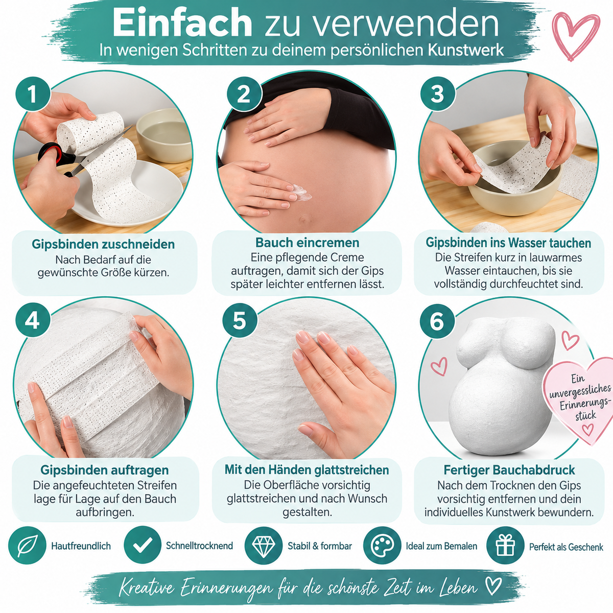 Navaris Gipsbinden 6er Set 5x300cm Babybauch Gipsabdruck Basteln Schwangerschaft