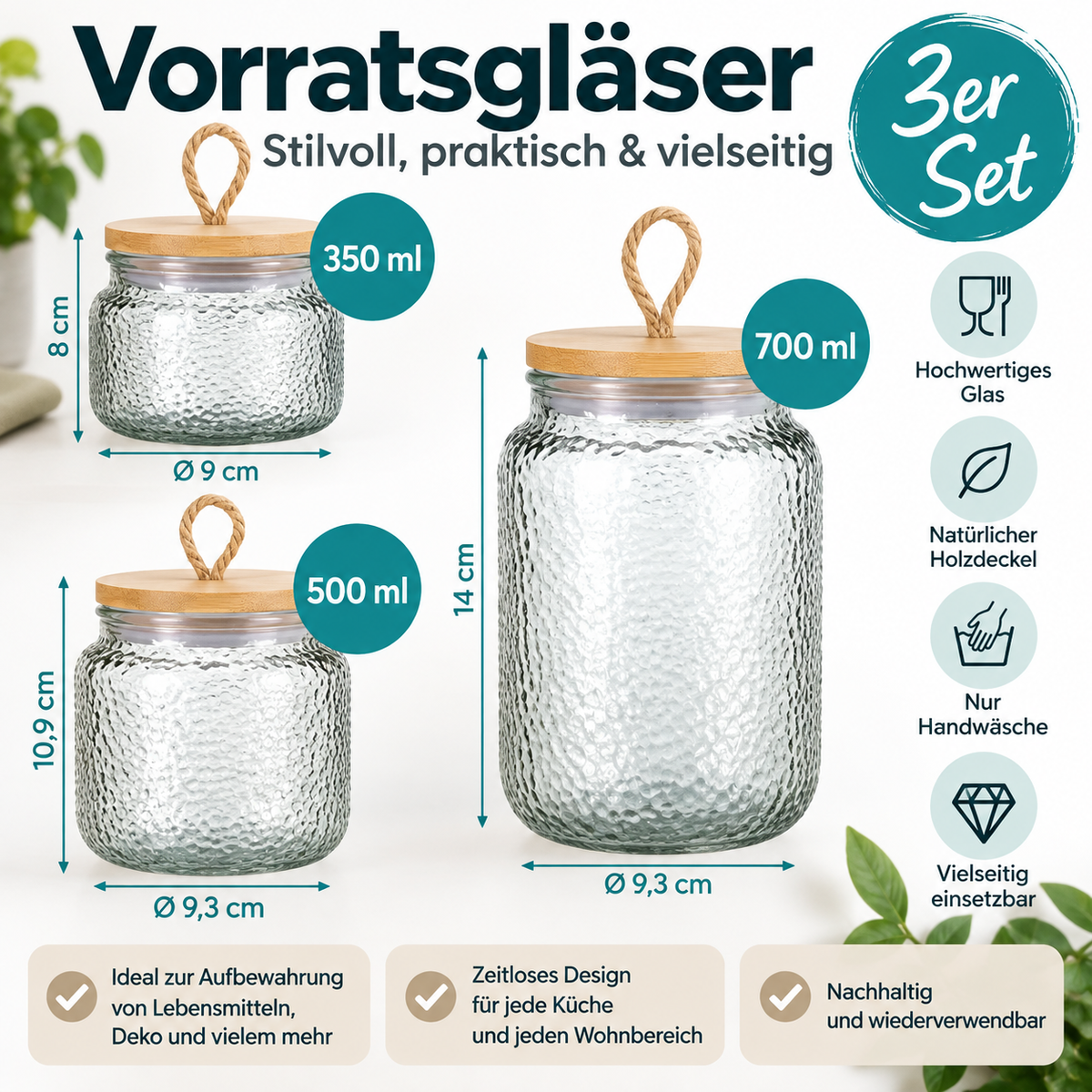 Navaris 3er Glasbehälter Bambusdeckel Bad Organizer Wattepads Wattestäbchen
