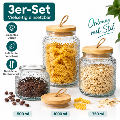 Navaris 3er Glasbehälter Bambusdeckel Bad Organizer Wattepads Wattestäbchen