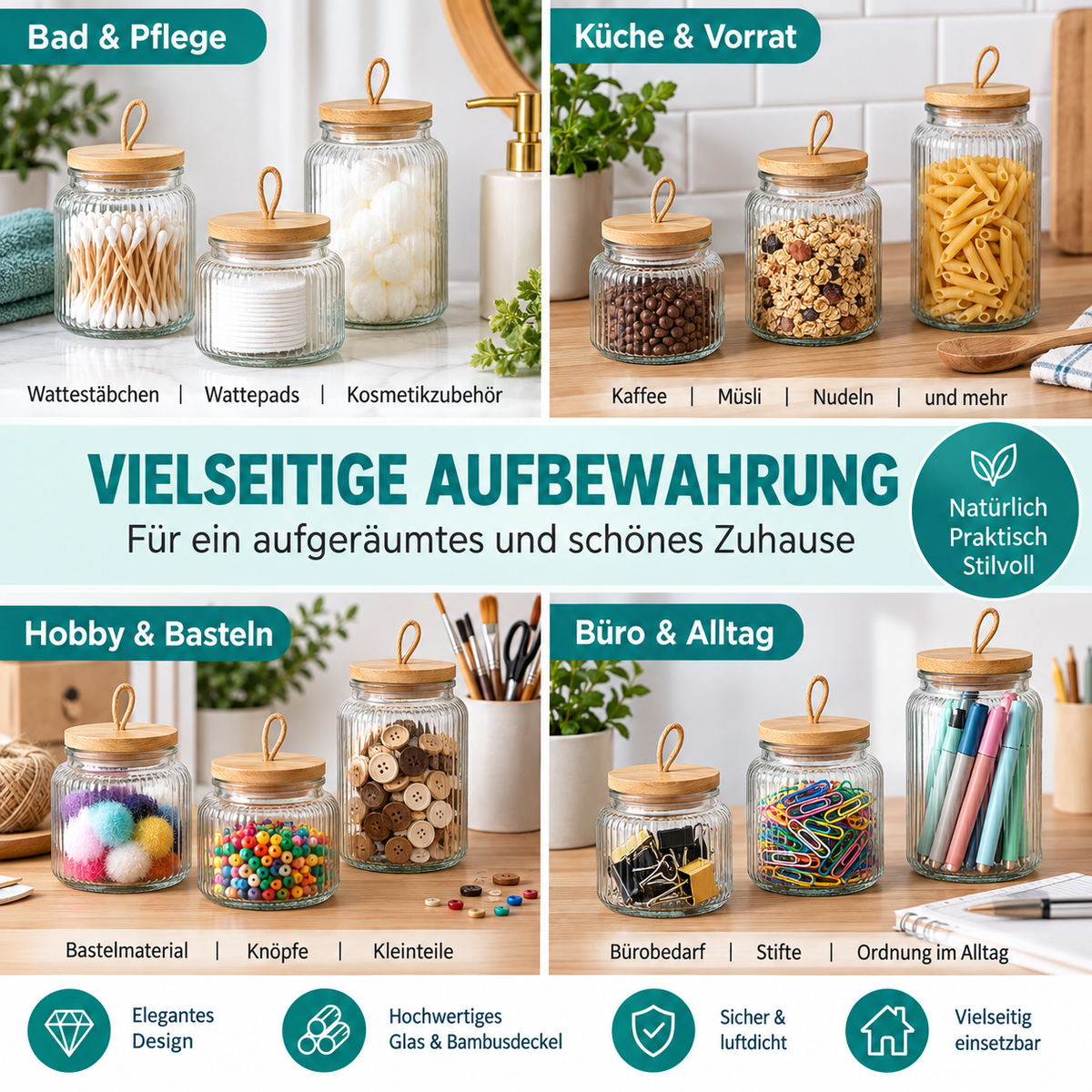Navaris 3er Glasbehälter Bambusdeckel Bad Organizer Wattepads Wattestäbchen