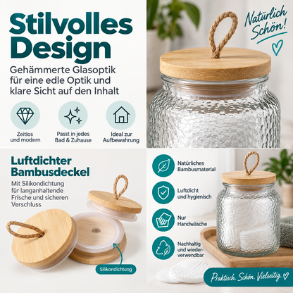 Navaris 3er Glasbehälter Bambusdeckel Bad Organizer Wattepads Wattestäbchen