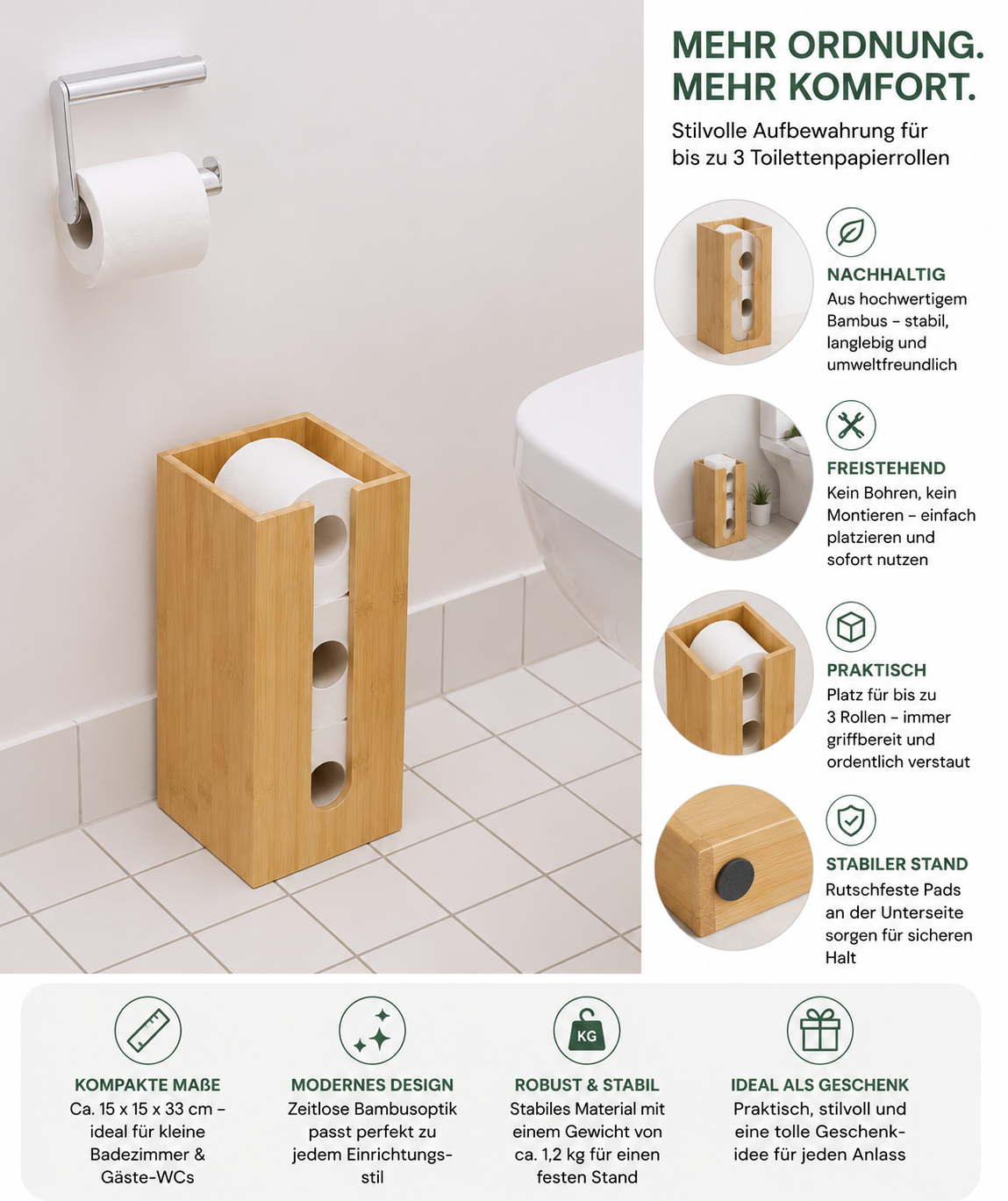 Navaris Bambus Toilettenpapier Rollenhalter - 15x15x33cm Ersatzrollenhalter frei stehend kompakt - Bambushalter für Badezimmer Gäste WC ohne Bohren