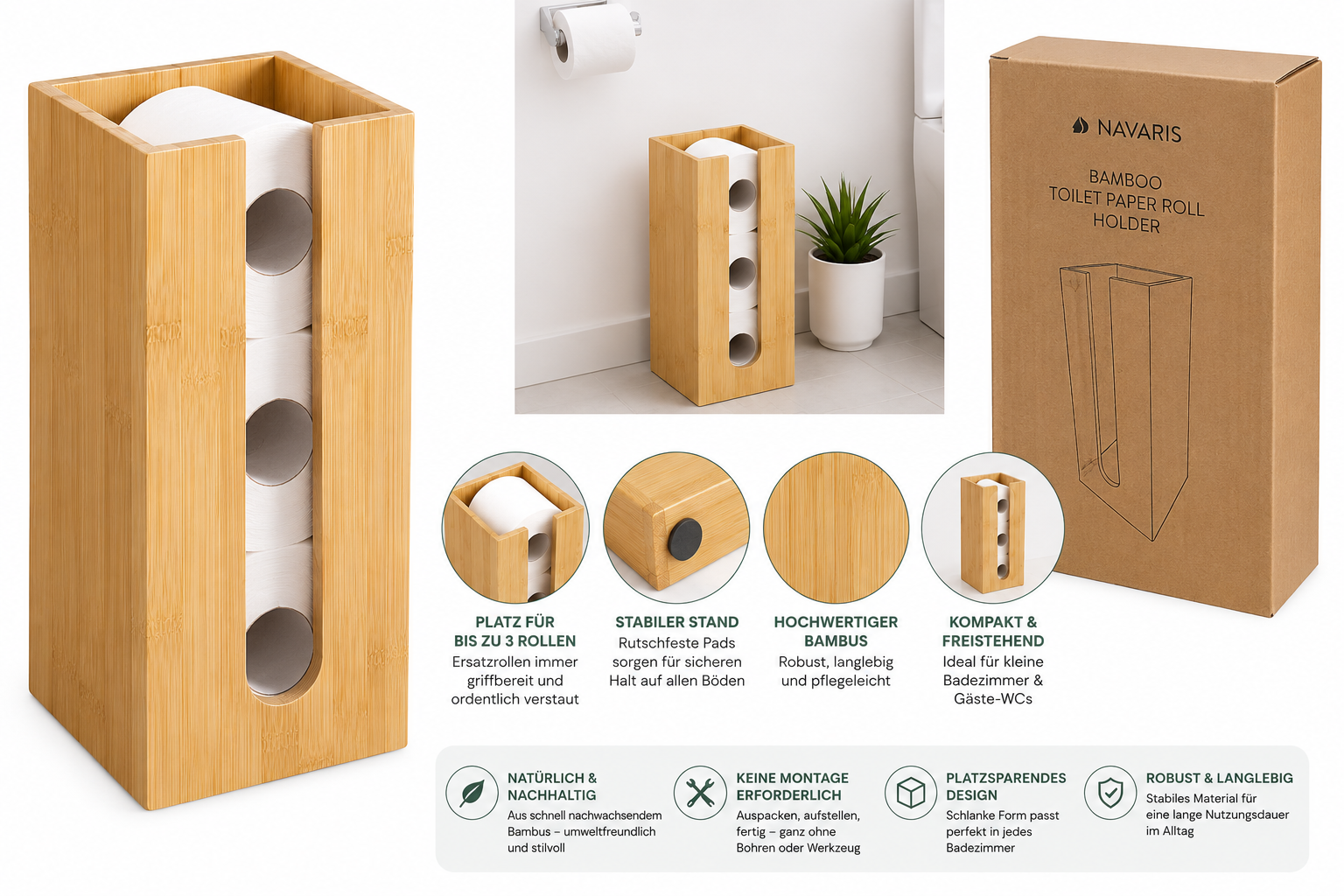 Navaris Bambus Toilettenpapier Rollenhalter - 15x15x33cm Ersatzrollenhalter frei stehend kompakt - Bambushalter für Badezimmer Gäste WC ohne Bohren