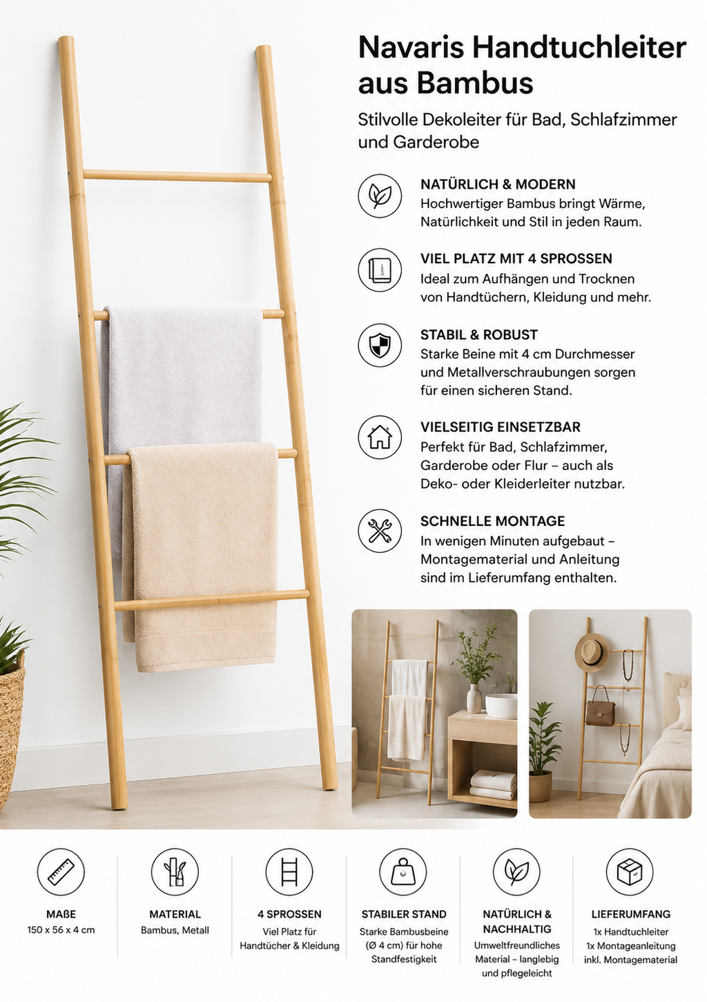 Navaris Handtuchleiter Holz Leiter aus Bambus - Bambusleiter für Handtücher Kleidung Accessoires - robuste Holzleiter für Bad Garderobe Schlafzimmer -