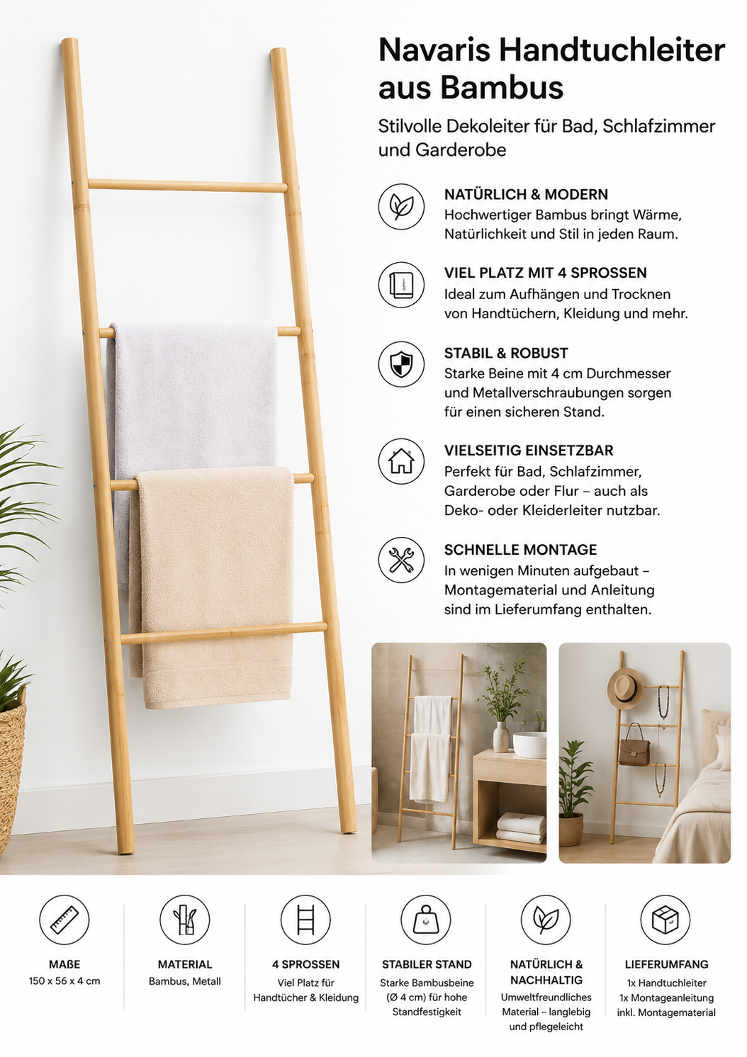 Navaris Handtuchleiter Holz Leiter aus Bambus - Bambusleiter für Handtücher Kleidung Accessoires - robuste Holzleiter für Bad Garderobe Schlafzimmer -