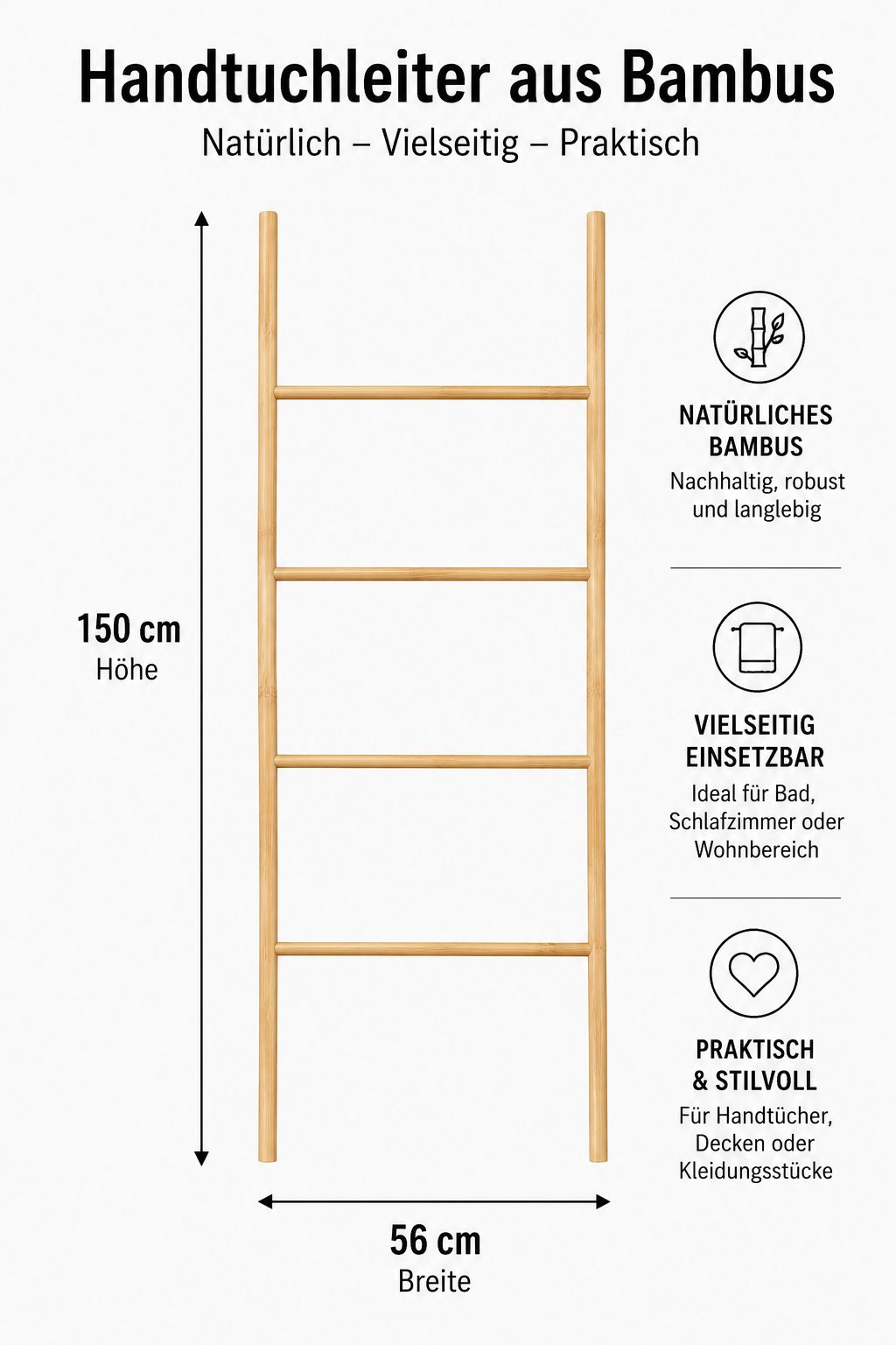Navaris Handtuchleiter Holz Leiter aus Bambus - Bambusleiter für Handtücher Kleidung Accessoires - robuste Holzleiter für Bad Garderobe Schlafzimmer -