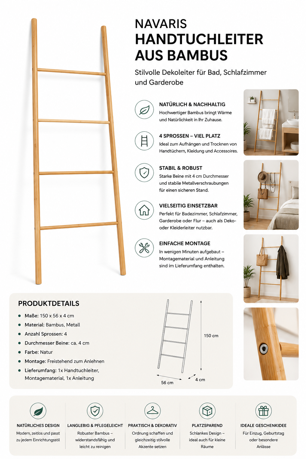 Navaris Handtuchleiter Holz Leiter aus Bambus - Bambusleiter für Handtücher Kleidung Accessoires - robuste Holzleiter für Bad Garderobe Schlafzimmer -