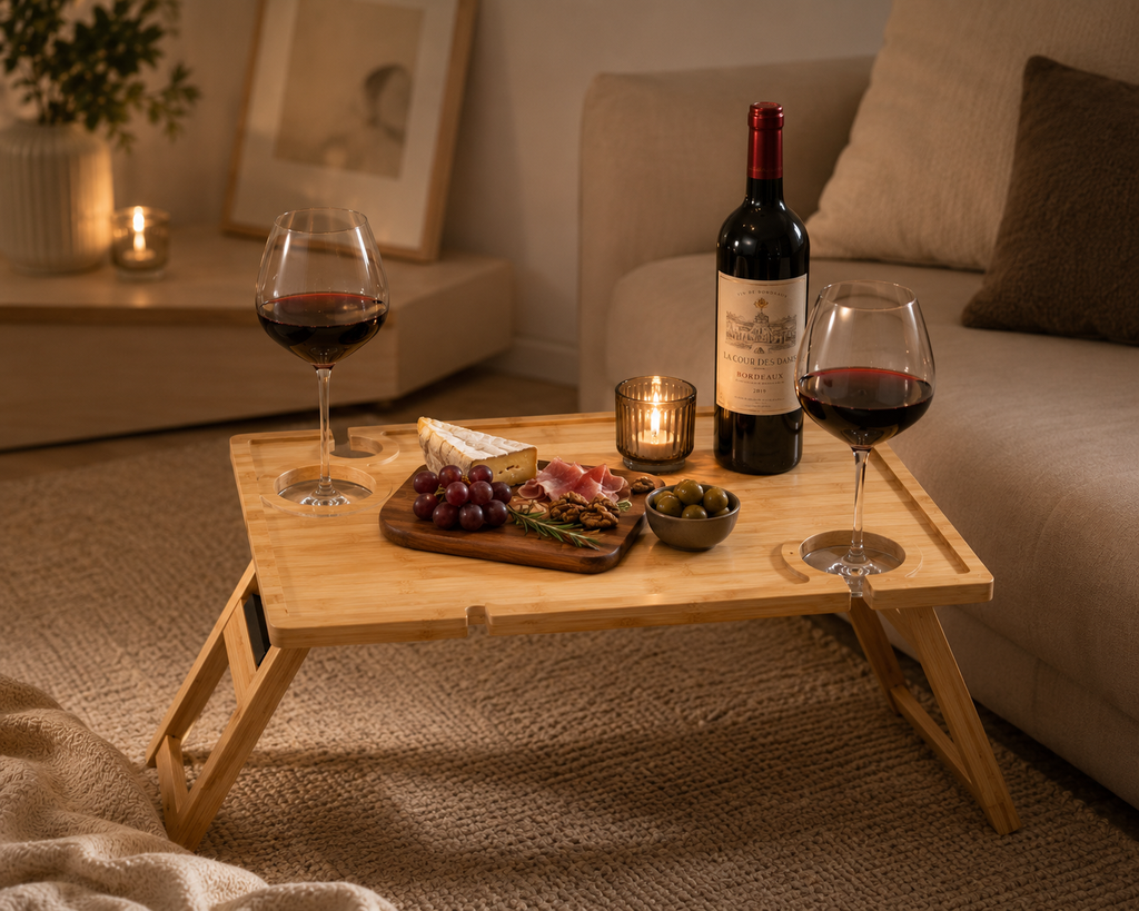 Navaris tragbarer Picknicktisch klappbar - Picknick Tisch aus Holz - mit 4 Weinglashalter und Weinflaschenhalter - Weintisch klappbar Outdoor - Bambus Weintablett