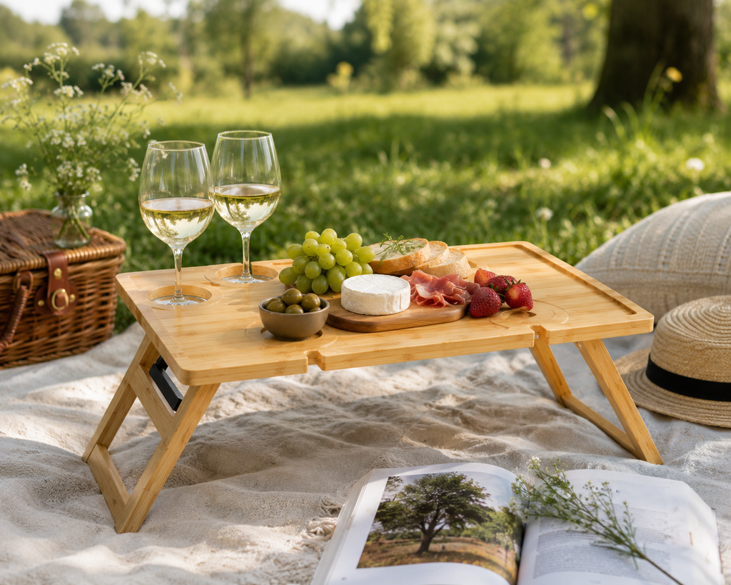 Navaris tragbarer Picknicktisch klappbar - Picknick Tisch aus Holz - mit 4 Weinglashalter und Weinflaschenhalter - Weintisch klappbar Outdoor - Bambus Weintablett