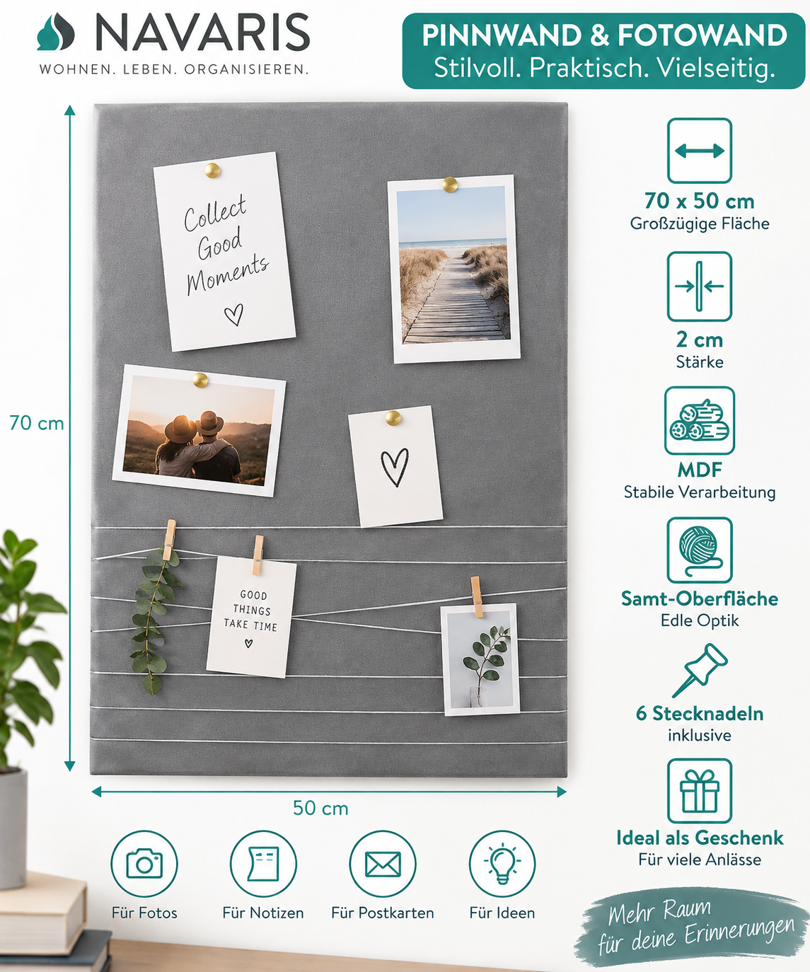 Navaris Pinnwand 70x50 cm Grau Samt Fotowand Memoboard Bilderwand mit Pins