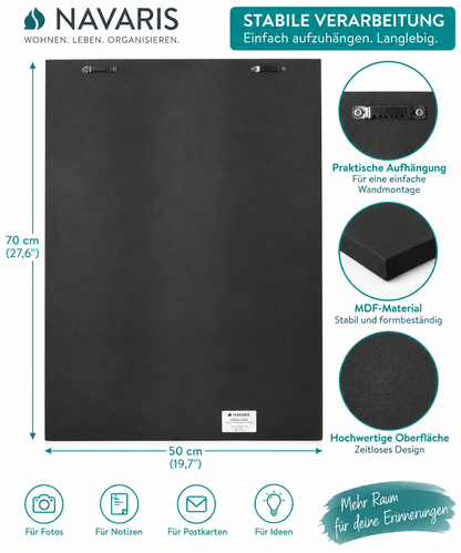 Navaris Pinnwand 70x50 cm Grau Samt Fotowand Memoboard Bilderwand mit Pins