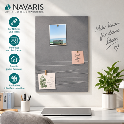 Navaris Pinnwand 70x50 cm Grau Samt Fotowand Memoboard Bilderwand mit Pins