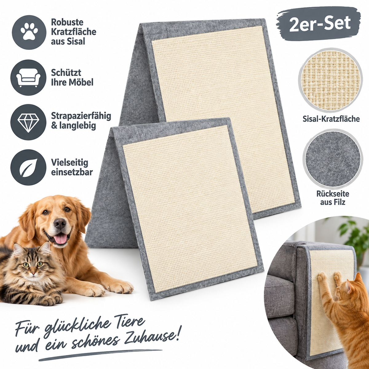 Navaris 2x Katzen Kratzmatte Sofa 130x45cm Sisal Kratzschutz Kratzteppich Grau