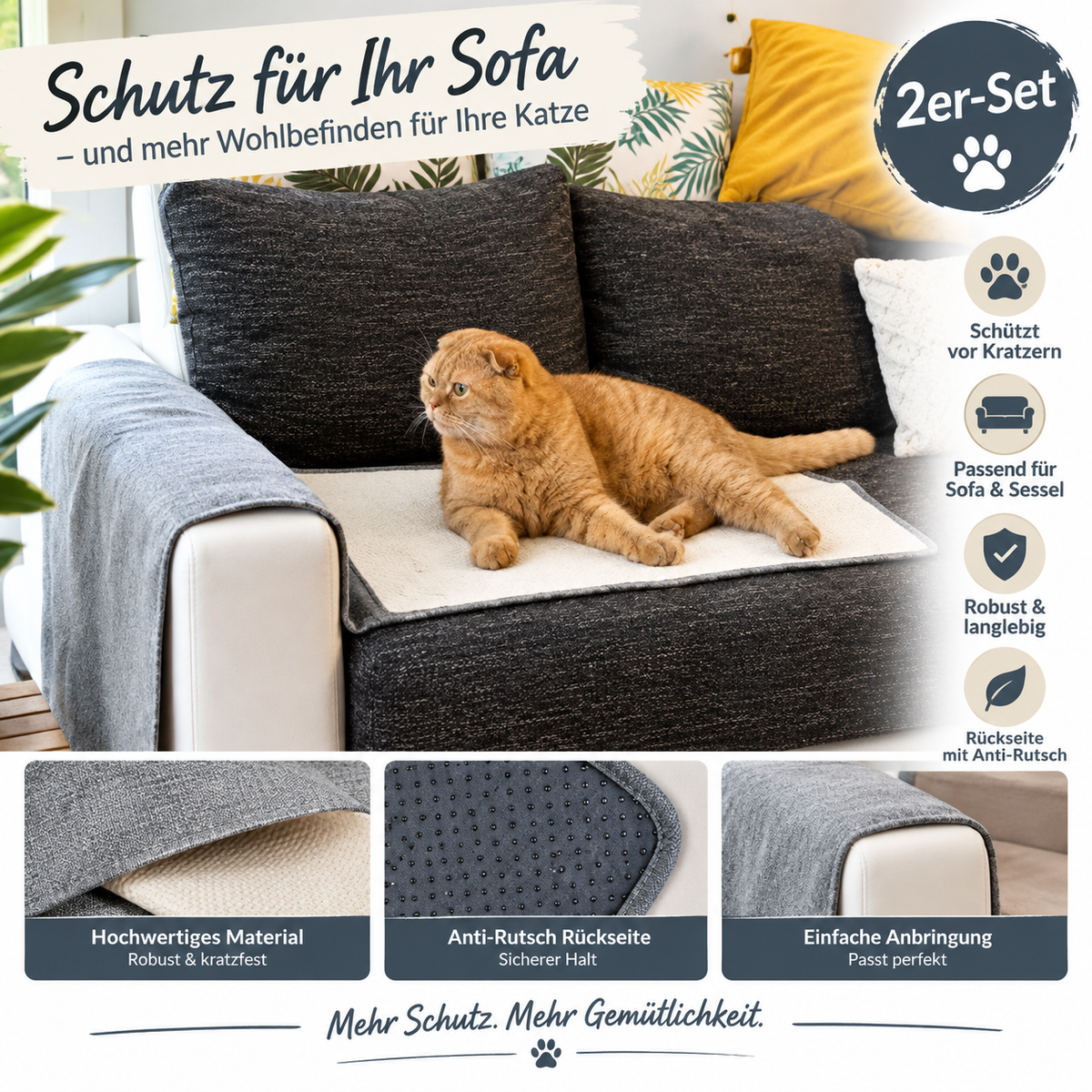 Navaris 2x Katzen Kratzmatte Sofa 130x45cm Sisal Kratzschutz Kratzteppich Grau