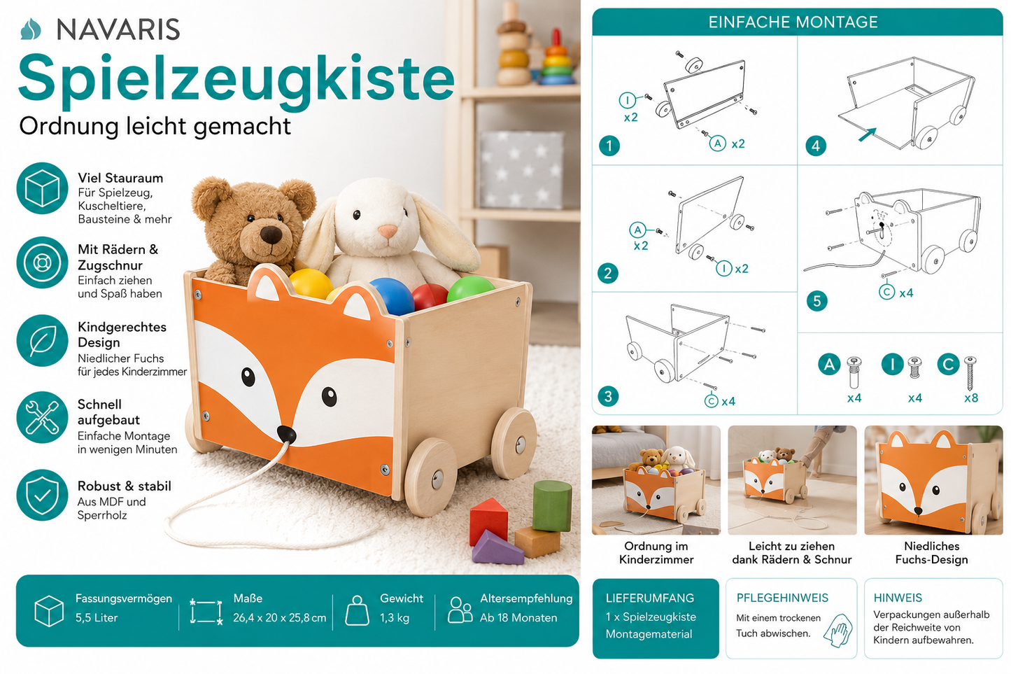 Navaris Spielzeugkiste Kinder Aufbewahrungsbox Holz Fuchs mit Rädern 26,4 cm
