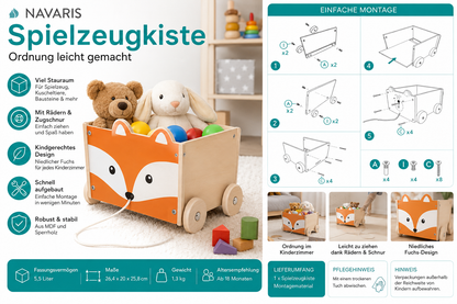 Navaris Spielzeugkiste Kinder Aufbewahrungsbox Holz Fuchs mit Rädern 26,4 cm