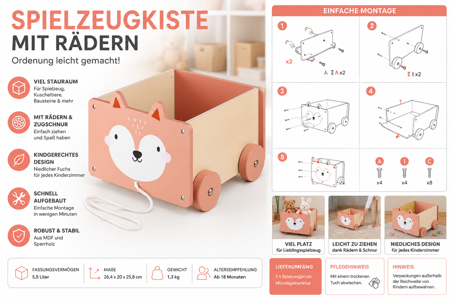 Navaris Spielzeugkiste Kinder Aufbewahrungsbox Holz Fuchs mit Rädern 26,4 cm