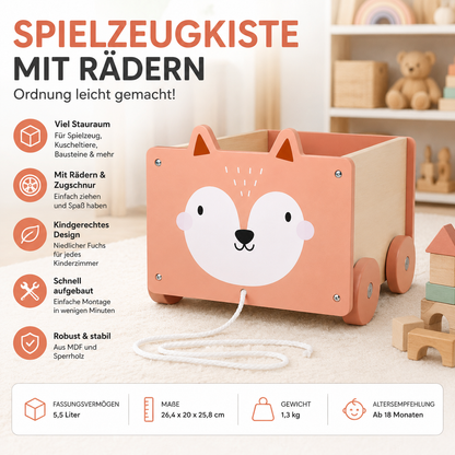 Navaris Spielzeugkiste Kinder Aufbewahrungsbox Holz Fuchs mit Rädern 26,4 cm