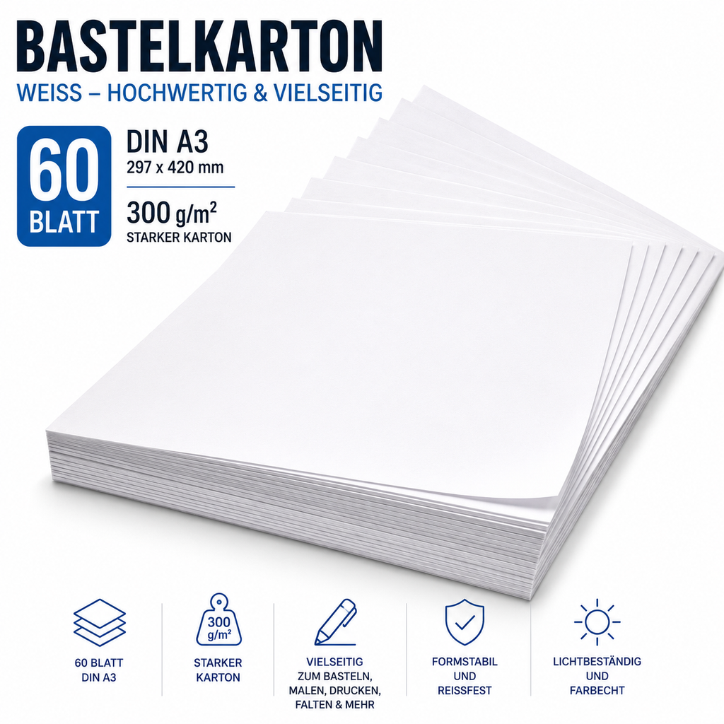 TRITART A3 300 g/m² – 60 Blatt festes Bastelpapier – Zeichenpapier für Bastelarbeiten und Malerei – Zeichenkarten, DIY, Origami, Schulaufgaben, Hochzeitskarten – Weiß