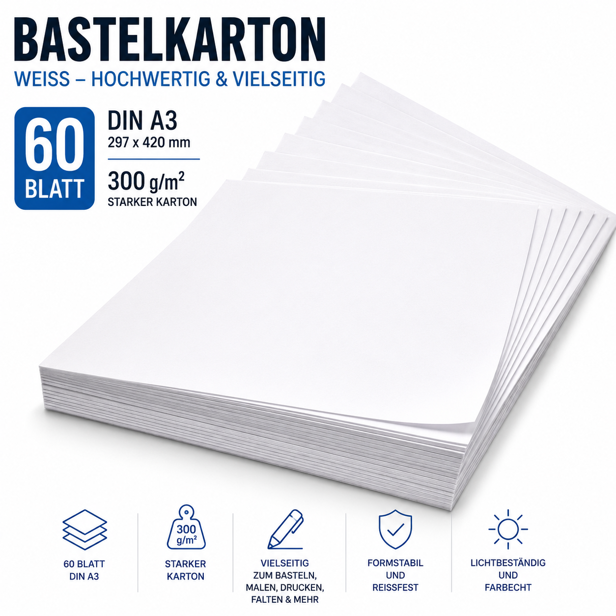 TRITART A3 300 g/m² – 60 Blatt festes Bastelpapier – Zeichenpapier für Bastelarbeiten und Malerei – Zeichenkarten, DIY, Origami, Schulaufgaben, Hochzeitskarten – Weiß