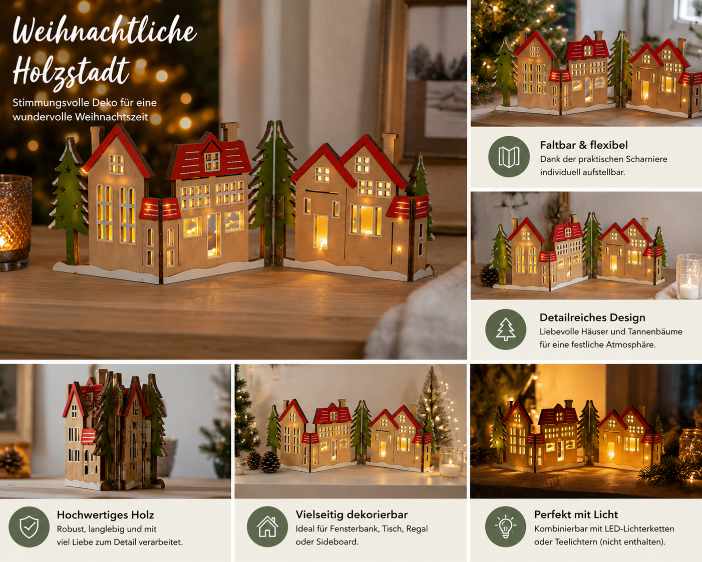 Weihnachtsdorf Holz Deko Klappbar Winterdorf Weihnachtsdeko Häuser LED