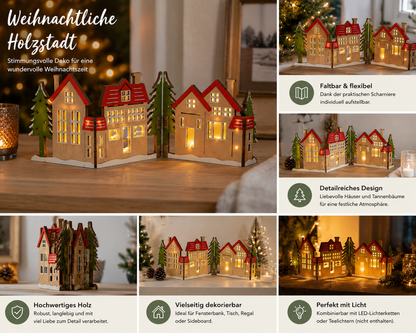 Weihnachtsdorf Holz Deko Klappbar Winterdorf Weihnachtsdeko Häuser LED