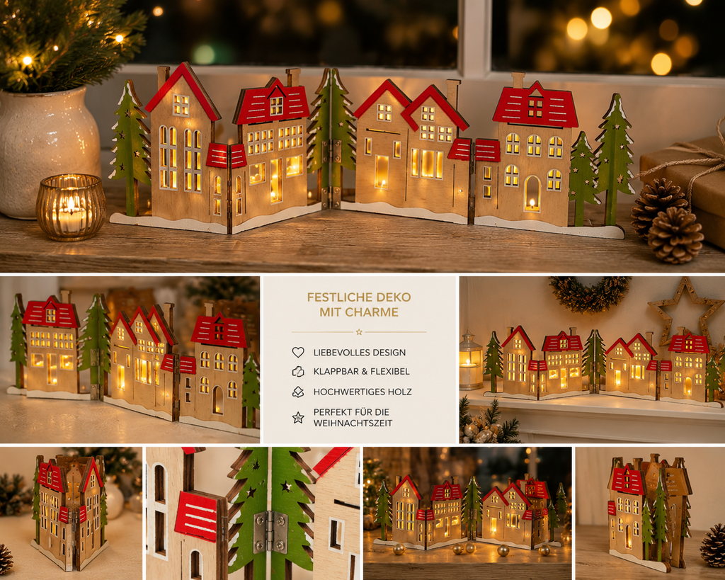 Weihnachtsdorf Holz Deko Klappbar Winterdorf Weihnachtsdeko Häuser LED