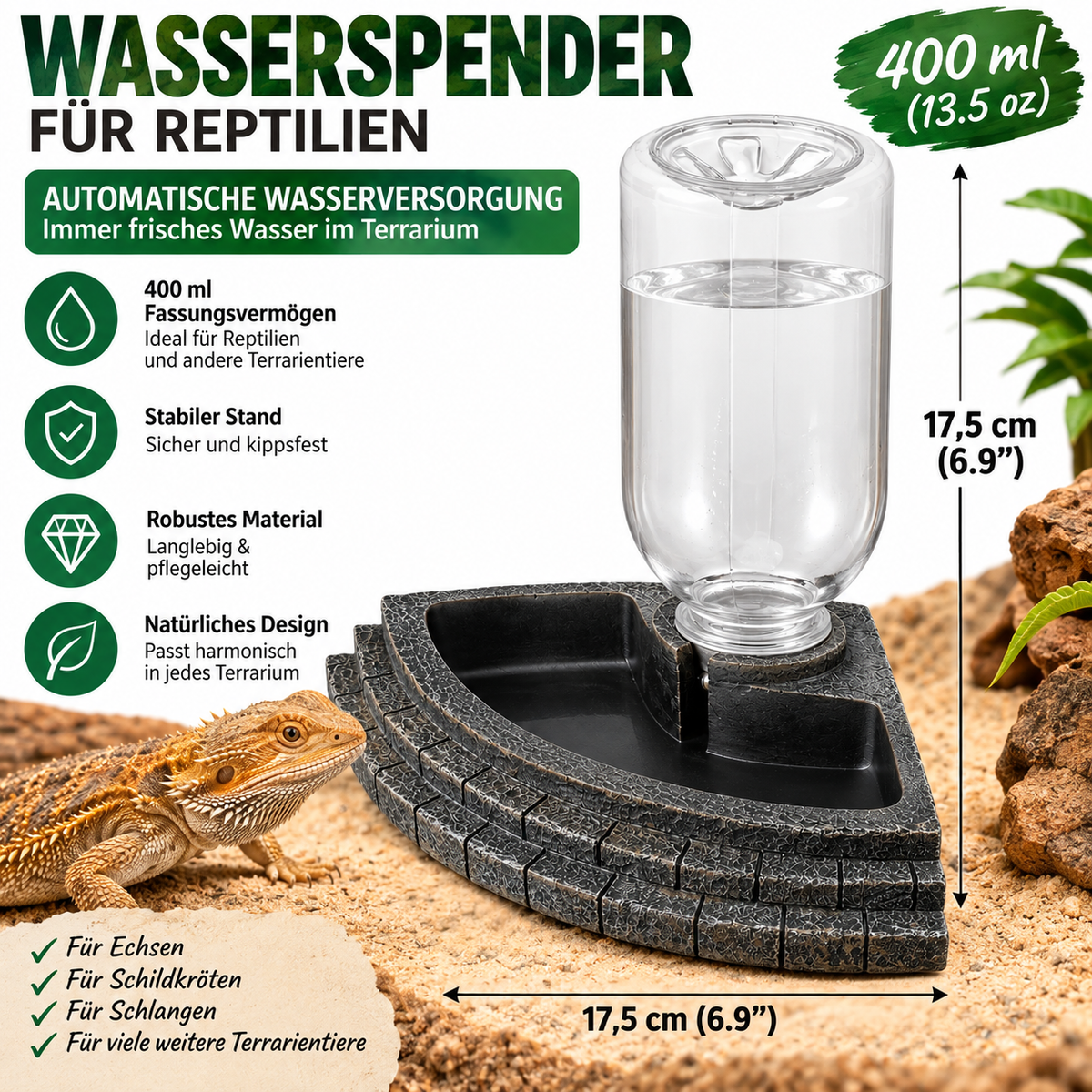 Navaris Reptilien Wasserspender 400ml Terrarium Trinkstelle Wassernapf Harz