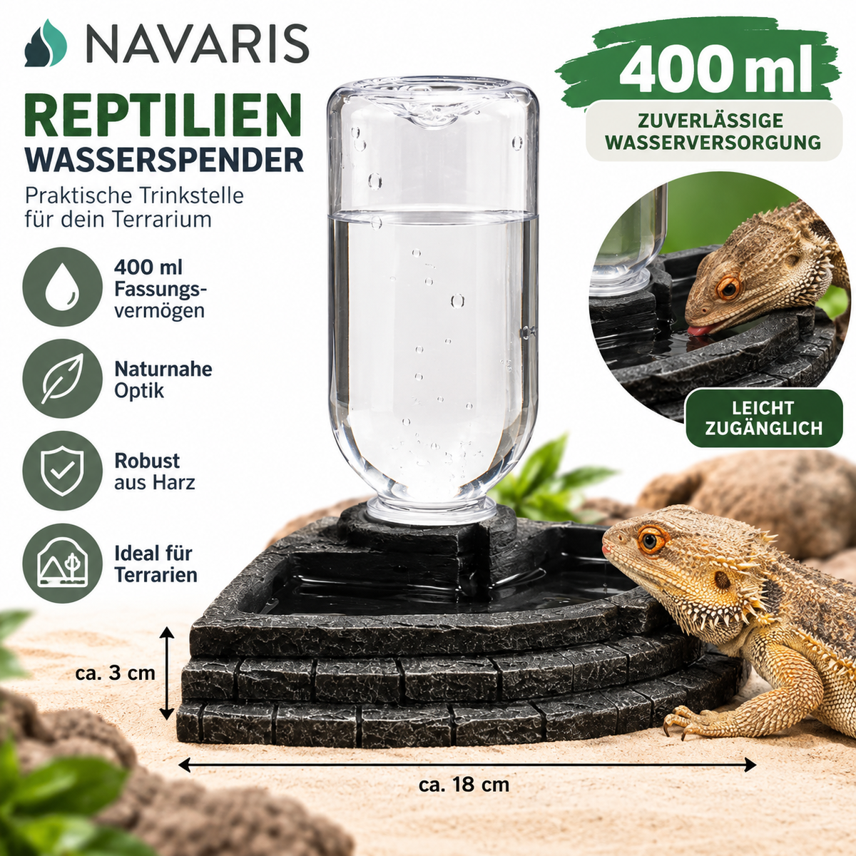 Navaris Reptilien Wasserspender 400ml Terrarium Trinkstelle Wassernapf Harz