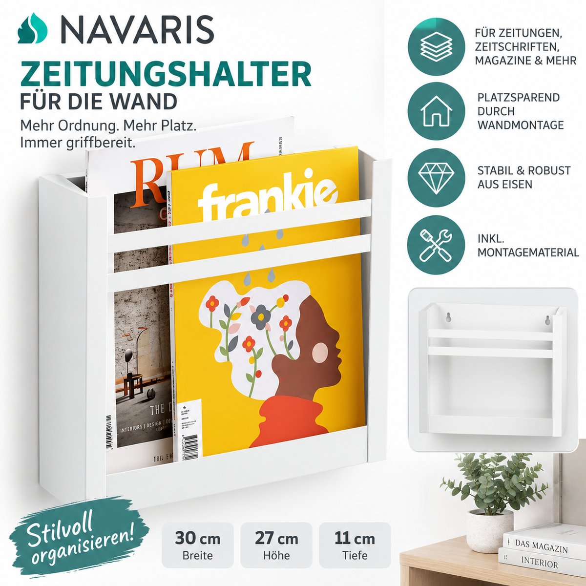 Navaris Zeitungshalter Wand Zeitschriftenhalter Magazinhalter Metall Ablage 30cm