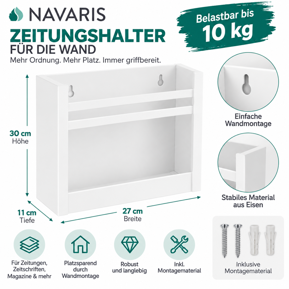 Navaris Zeitungshalter Wand Zeitschriftenhalter Magazinhalter Metall Ablage 30cm